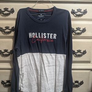 Hollister Navy Long Sleeve Script Logo Tee with Red Accents